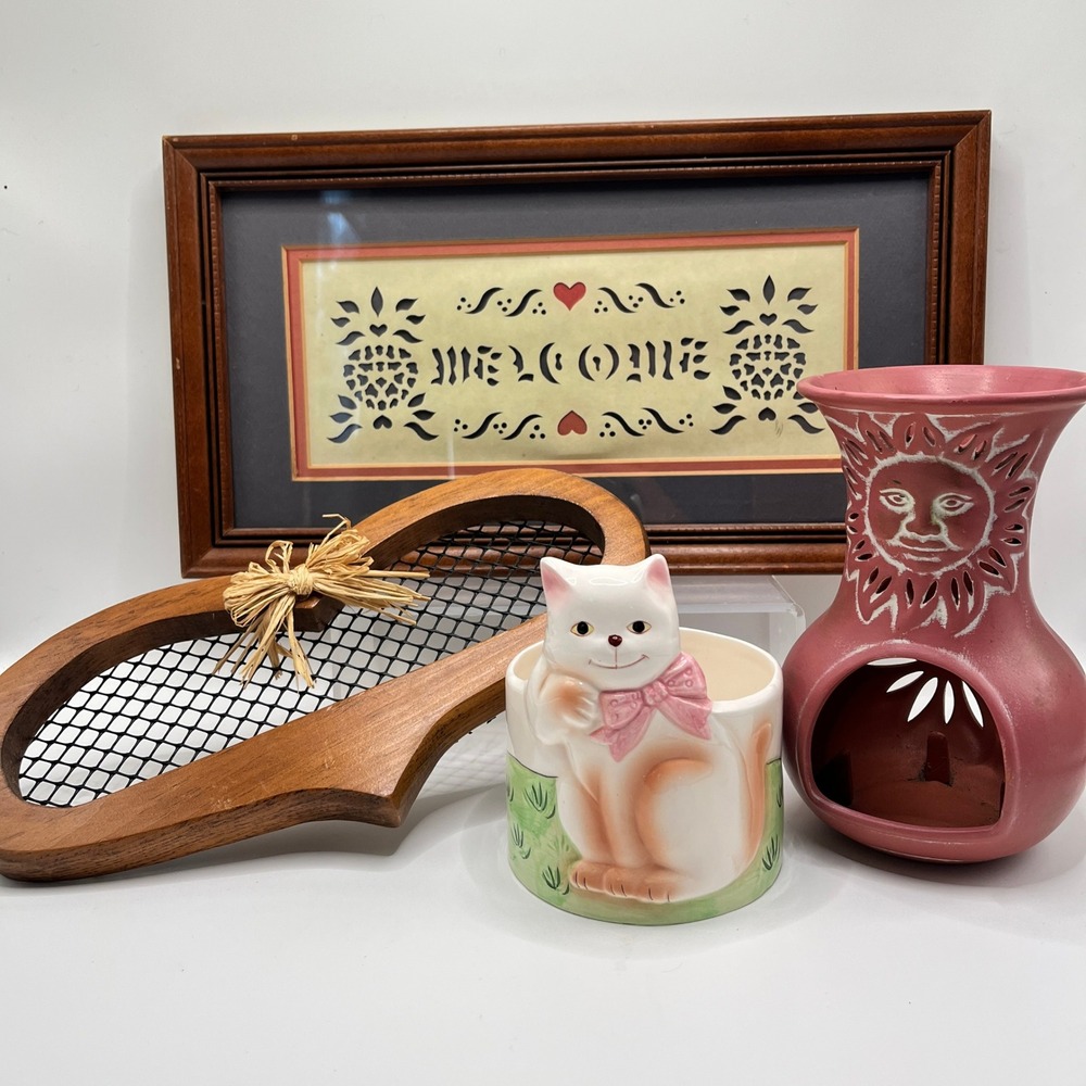 Cottagecore Decor Lot PartyLite Sun Tea Light Ceramic Cat Planter Heart Wall Art